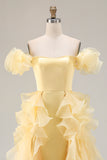 Off the Shoulder Mermaid Yellow Long Prom Dress with Ruffles