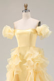 Off the Shoulder Mermaid Yellow Long Prom Dress with Ruffles