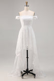 White A-Line Off The Shoulder Lace High-Low Wedding Dress