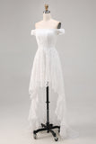 White A-Line Off The Shoulder Lace High-Low Wedding Dress