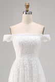 White A-Line Off The Shoulder Lace High-Low Wedding Dress