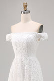White A-Line Off The Shoulder Lace High-Low Wedding Dress