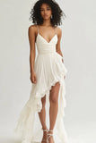 Ivory A Line Spaghetti Straps Asymmetrical Graduation Dress