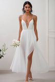 Simple White A Line Spaghetti Straps Wedding Dress with Slit