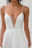 Simple White A Line Spaghetti Straps Wedding Dress with Slit