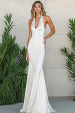 White Sheath Halter V Neck Satin Maxi Wedding Dress