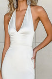 White Sheath Halter V Neck Satin Maxi Wedding Dress