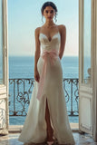 White A-Line Spaghetti Straps Satin Bow Maxi Dress With Slit