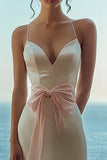White A-Line Spaghetti Straps Satin Bow Maxi Dress With Slit