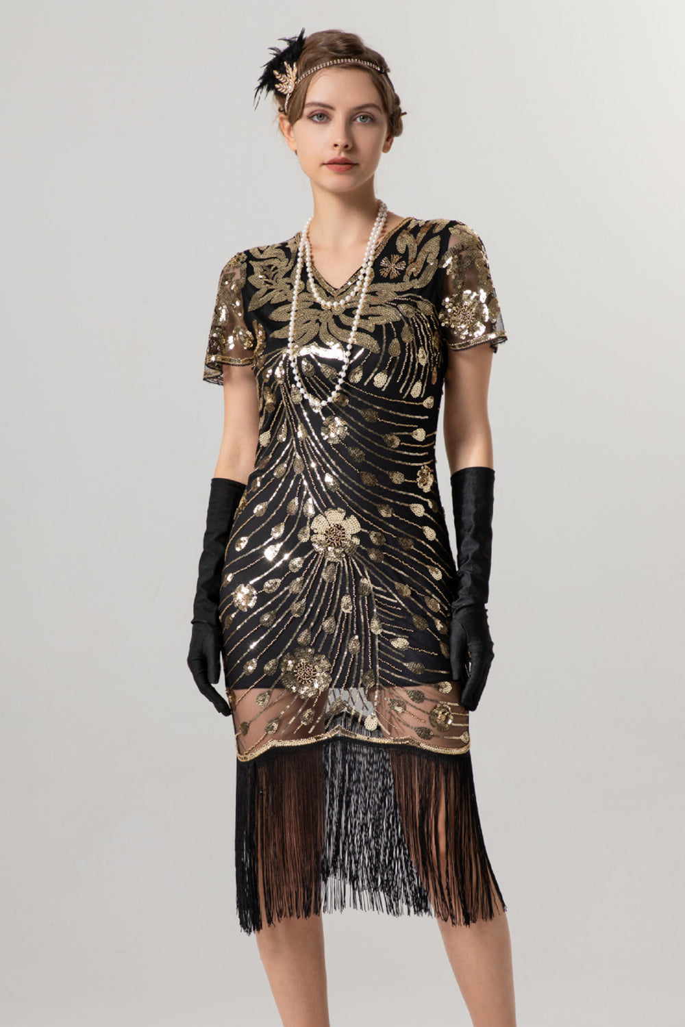 WEDTREND Women Black Golden 1920s Dress Frigned V Neck Sequins Flapper Dress With Short Sleeves WEDTREND Women Black Golden 1920s Dress Frigned V Neck Sequins Flapper Dress With Short Sleeves