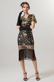 Black Golden Sequins Fringed V Neck 1920s Dress With Short Sleeves