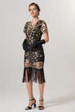 Black Golden Sequins Fringed V Neck 1920s Dress With Short Sleeves