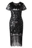 Black Golden Sequins Fringed V Neck 1920s Dress With Short Sleeves