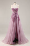 Grey Purple A-Line Corset Beaded Tulle Long Prom Dress with Slit