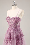 Grey Purple A-Line Corset Beaded Tulle Long Prom Dress with Slit