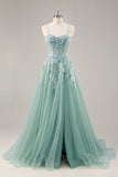 Sage Green Tulle A-Line Corset Beaded Long Prom Dress with Slit