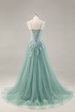 Sage Green Tulle A-Line Corset Beaded Long Prom Dress with Slit