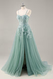 Sage Green Tulle A-Line Corset Beaded Long Prom Dress with Slit