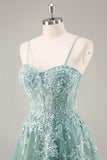 Sage Green Tulle A-Line Corset Beaded Long Prom Dress with Slit