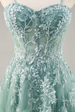Dusty Blue A Line Strapless Corset Beaded Long Prom Dress with Slit
