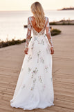 White Floral Long Sleeve V Neck Boho Wedding Dress