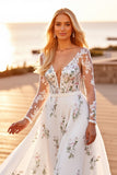 White Floral Long Sleeve V Neck Boho Wedding Dress