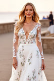 White Floral Long Sleeve V Neck Boho Wedding Dress