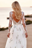 White Floral Long Sleeve V Neck Boho Wedding Dress