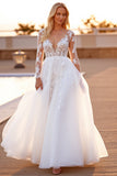 White A Line Long Sleeve Wedding Dress with Appliques