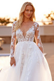 White A Line Long Sleeve Wedding Dress with Appliques