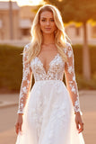 White A Line Long Sleeve Wedding Dress with Appliques