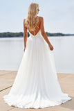 Beach White A Line Spaghetti Straps Wedding Dress With Slit