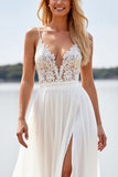 Beach White A Line Spaghetti Straps Wedding Dress With Slit