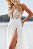 Beach White A Line Spaghetti Straps Wedding Dress With Slit
