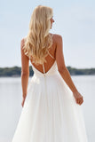 Beach White A Line Spaghetti Straps Wedding Dress With Slit