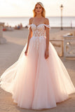 Blush Off The Shoulder A Line Wedding Dress with Appliques