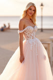 Blush Off The Shoulder A Line Wedding Dress with Appliques