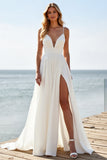 White Spaghetti Straps A Line Wedding Dress With Slit
