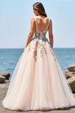 Blush Floral Spaghetti Straps A Line Tulle Long Wedding Dress
