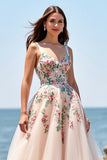 Blush Floral Spaghetti Straps A Line Tulle Long Wedding Dress