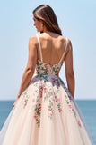 Blush Floral Spaghetti Straps A Line Tulle Long Wedding Dress
