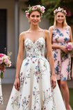 White Spaghetti Straps Floral A Line Long Wedding Dress