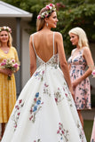 White Spaghetti Straps Floral A Line Long Wedding Dress