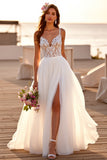 White Spaghetti Straps Tulle A Line Long Wedding Dress With Slit