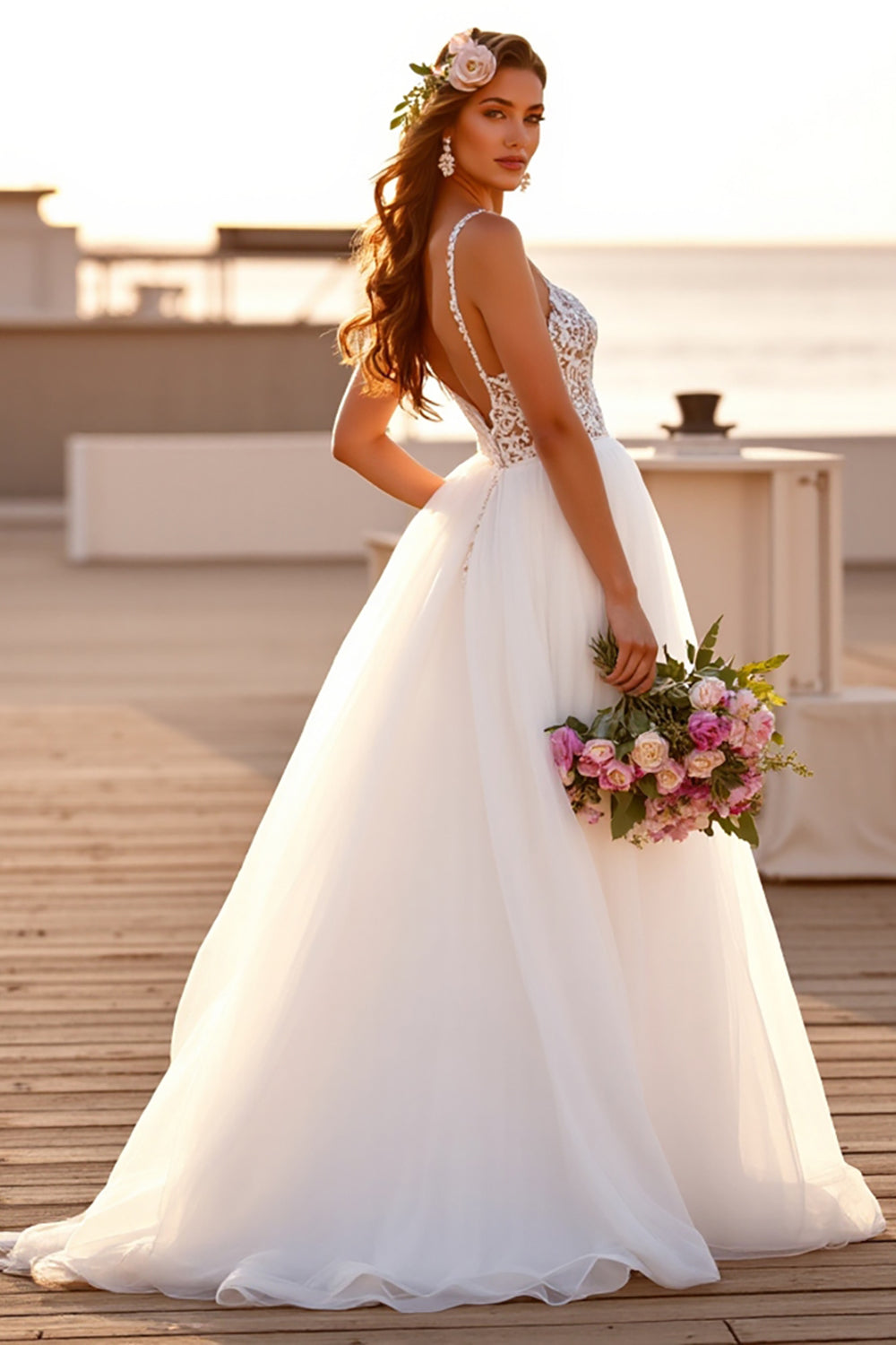 WEDTREND Women White Wedding Dress With Slit Spaghetti Straps Tulle A Line Long Boho Bridal Dress With Appliques WEDTREND Women White Wedding Dress With Slit Spaghetti Straps Tulle A Line Long Boho Bridal Dress With Appliques