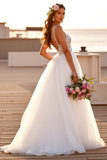 White Spaghetti Straps Tulle A Line Long Wedding Dress With Slit