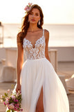 White Spaghetti Straps Tulle A Line Long Wedding Dress With Slit