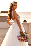 White Spaghetti Straps Tulle A Line Long Wedding Dress With Slit