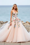 Blush Floral Tulle Spaghetti Straps A Line Long Wedding Dress