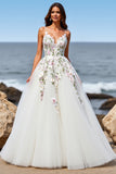 White Floral Tulle Spaghetti Straps A Line Long Wedding Dress